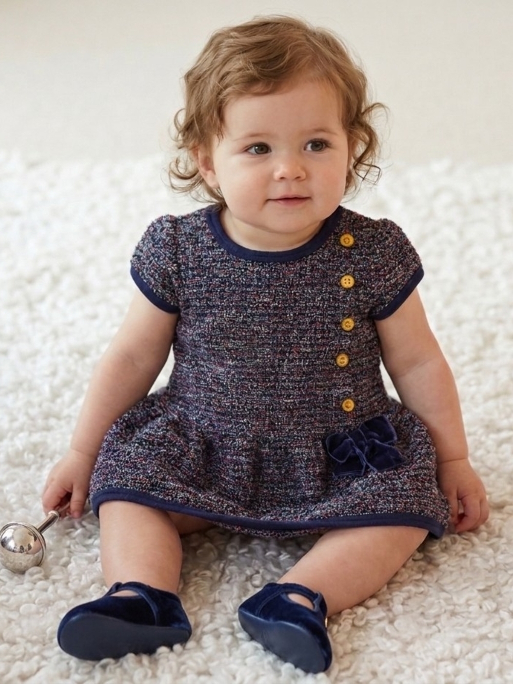 Little Me Blue Tweed Boucle Baby Knit Dress Velvet Bow Preppy Academic 12M